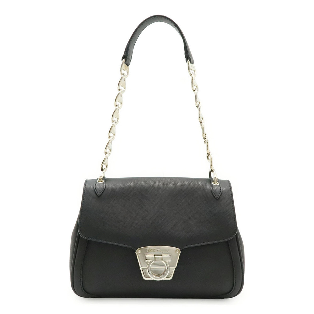 Salvatore Ferragamo Gancini Vara Chain Shoulder Handbag Leather Black